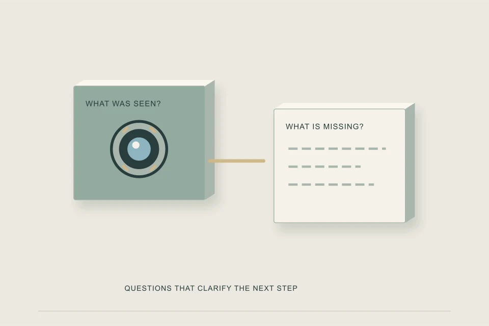 Conceptual illustration of inspection questions arranged around accessible evidence and next steps