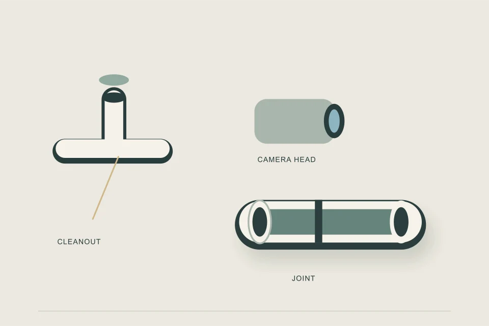 Conceptual illustration of exploded cleanout fitting camera head and joint record vocabulary