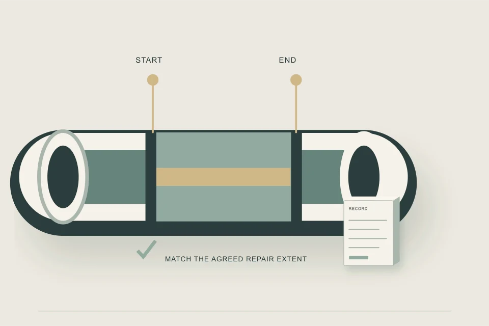 Conceptual illustration of renewed pipe section with recorded start and end boundaries