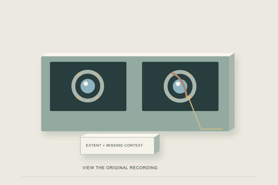 Conceptual illustration of two original footage frames on a review desk with evidence annotations