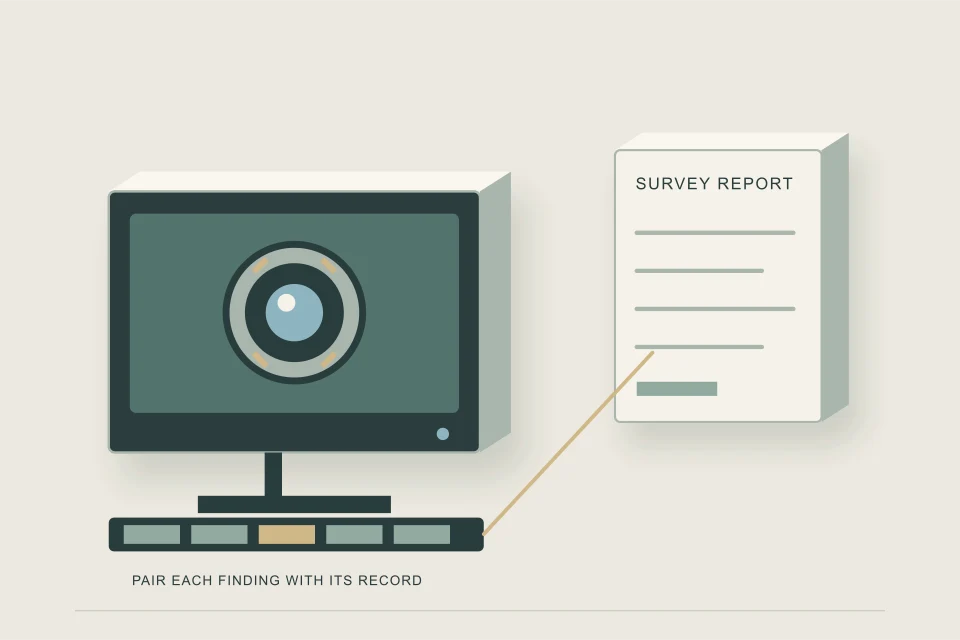Conceptual illustration of written survey report paired with video intervals and coverage record