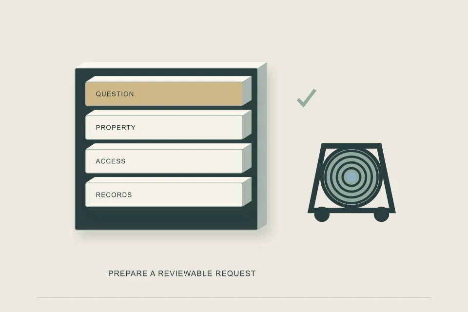Conceptual illustration of inspection request board with reason access and records inputs