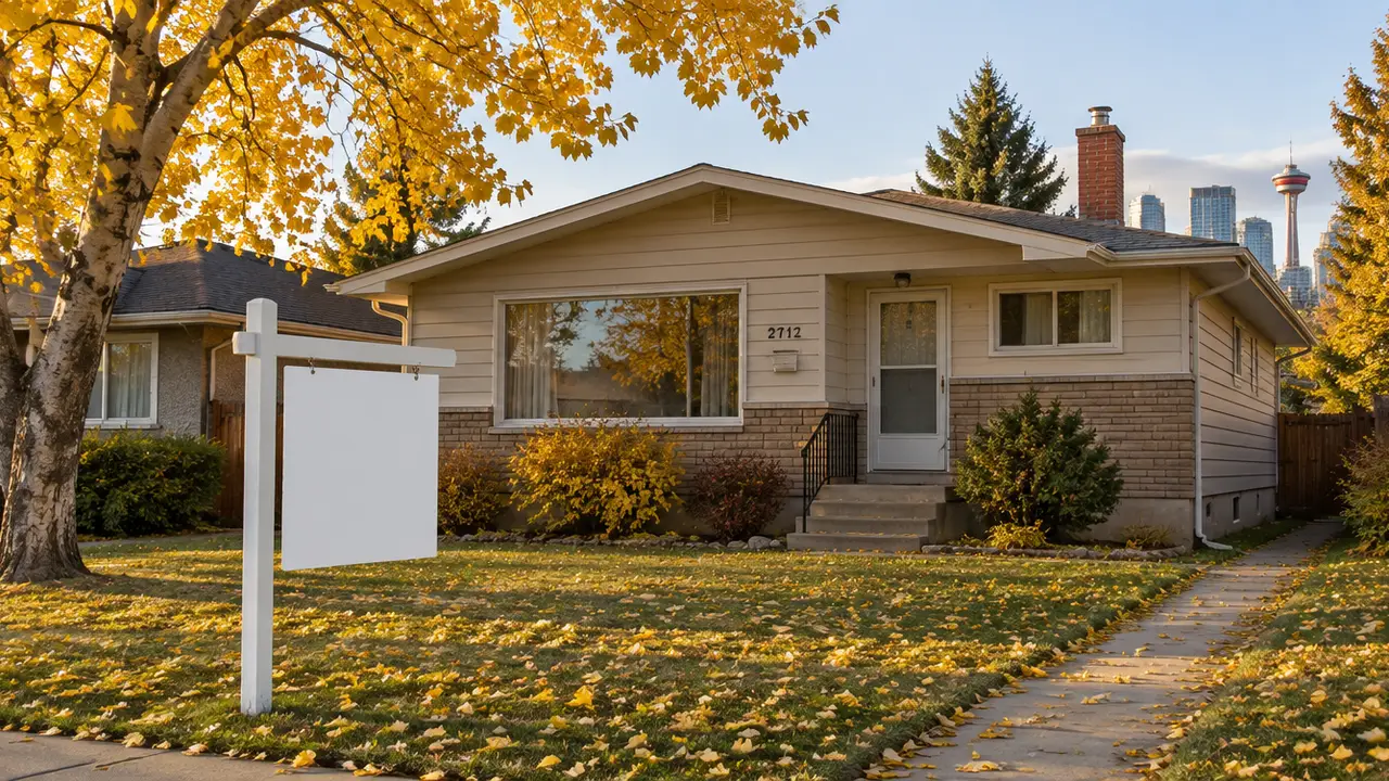 A 1960s bungalow with a blank for-sale sign in autumn